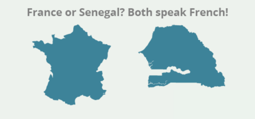 The countries of France and Senegal are shown with the text France or Senegal? Both speak French!