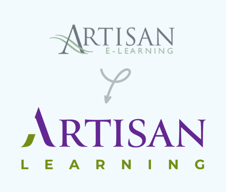 Old Artisan E-Learning logo with an arrow pointing to the new Artisan Learning logo.