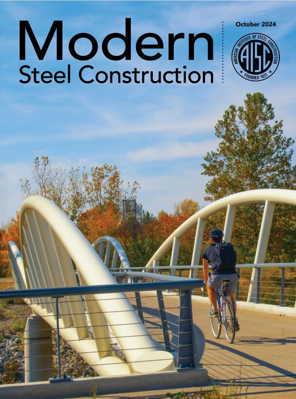 Cover of the "Modern Steel Construction" magazine showing a bike rider crossing a bridge constructed of steel.